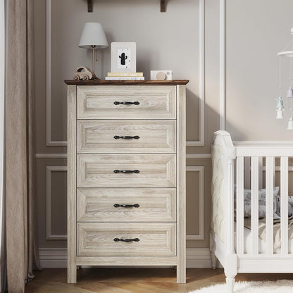 LINSY HOME 5 Drawers Dresser for Bedroom, Wood Tall Bedroom Chest of Drawers with Metal Handle, Farmhouse Dressers Organizer for Living Room, Closet, Hallway, White Oak