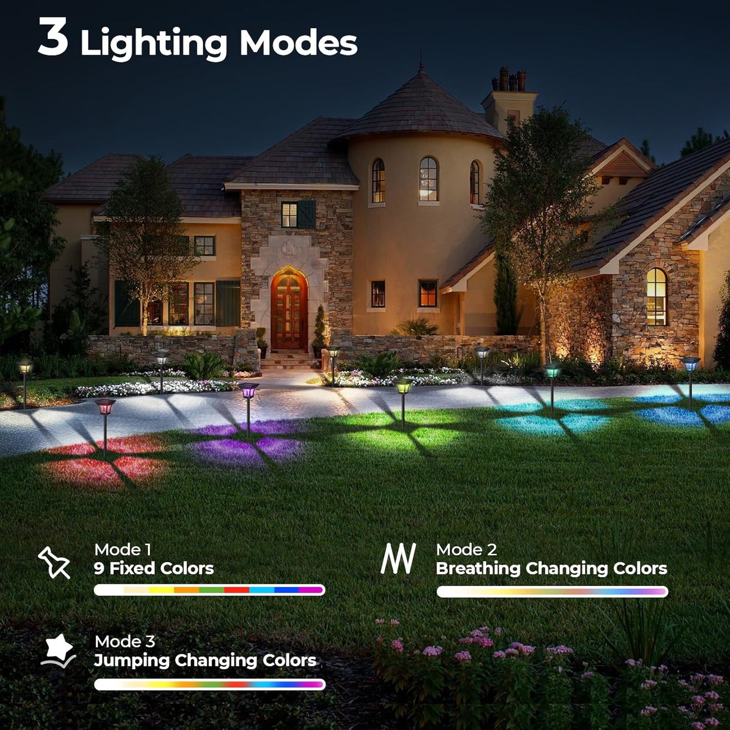 CINOTON 2 Pack RGBCW Solar Pathway Outdoor Lights, 3 Lighting Modes Solar LED Garden Light, IP65 Waterproof Outside Solar Powered Landscape Lighting for Patio Walkway Yard Driveway RGB/Warm/Cold White