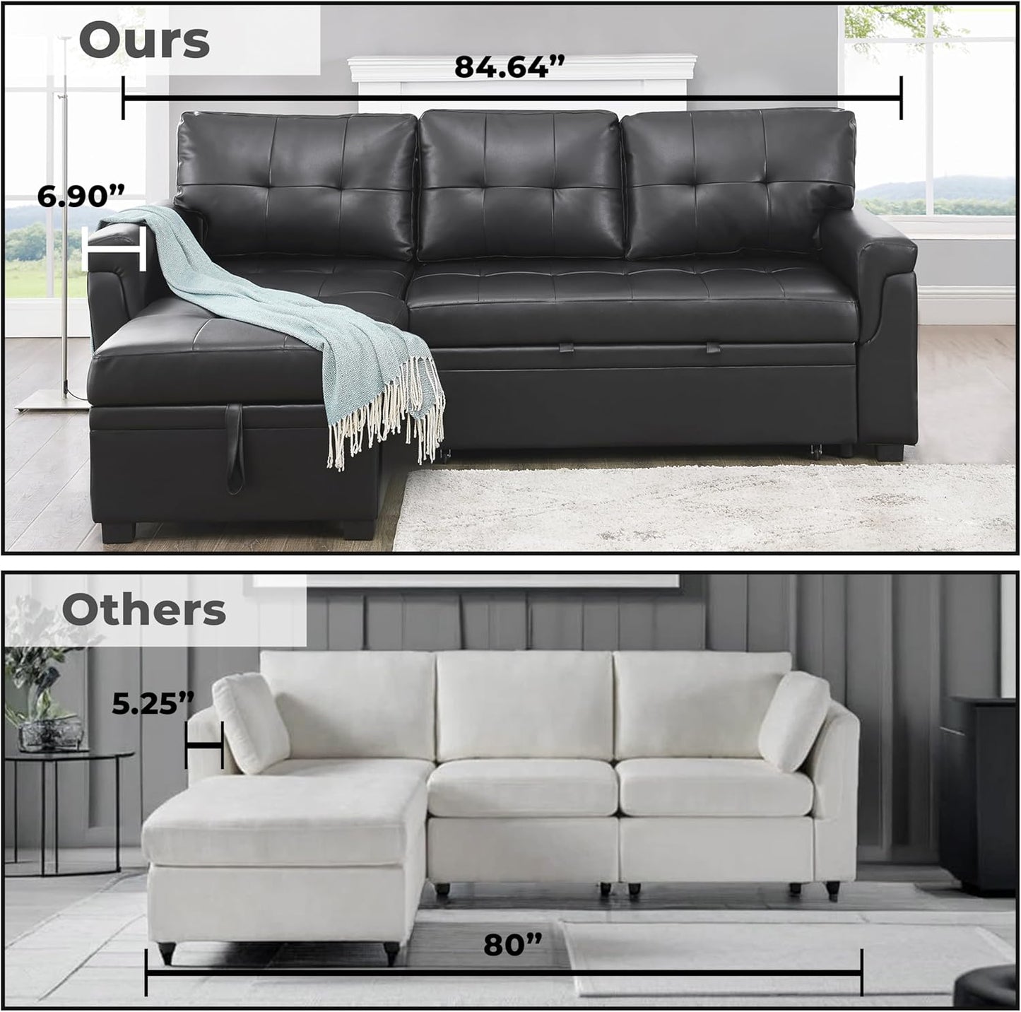 Naomi Home Jenny Sectional Sofa Sleeper with Storage Chaise, Tufted Pull Out Couch with Storage, L-Shaped Reversible Sleeper Sofa with Storage, Black,Air Leather