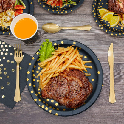 Black and Gold Party Supplies, 350PCS Disposable Dinnerware Set Inclueds Black Gold Dot Paper Plates Napkins Cups Gold Plastic Fork Knives Spoon for Women Men Birthday Wedding Baby Shower Decorations