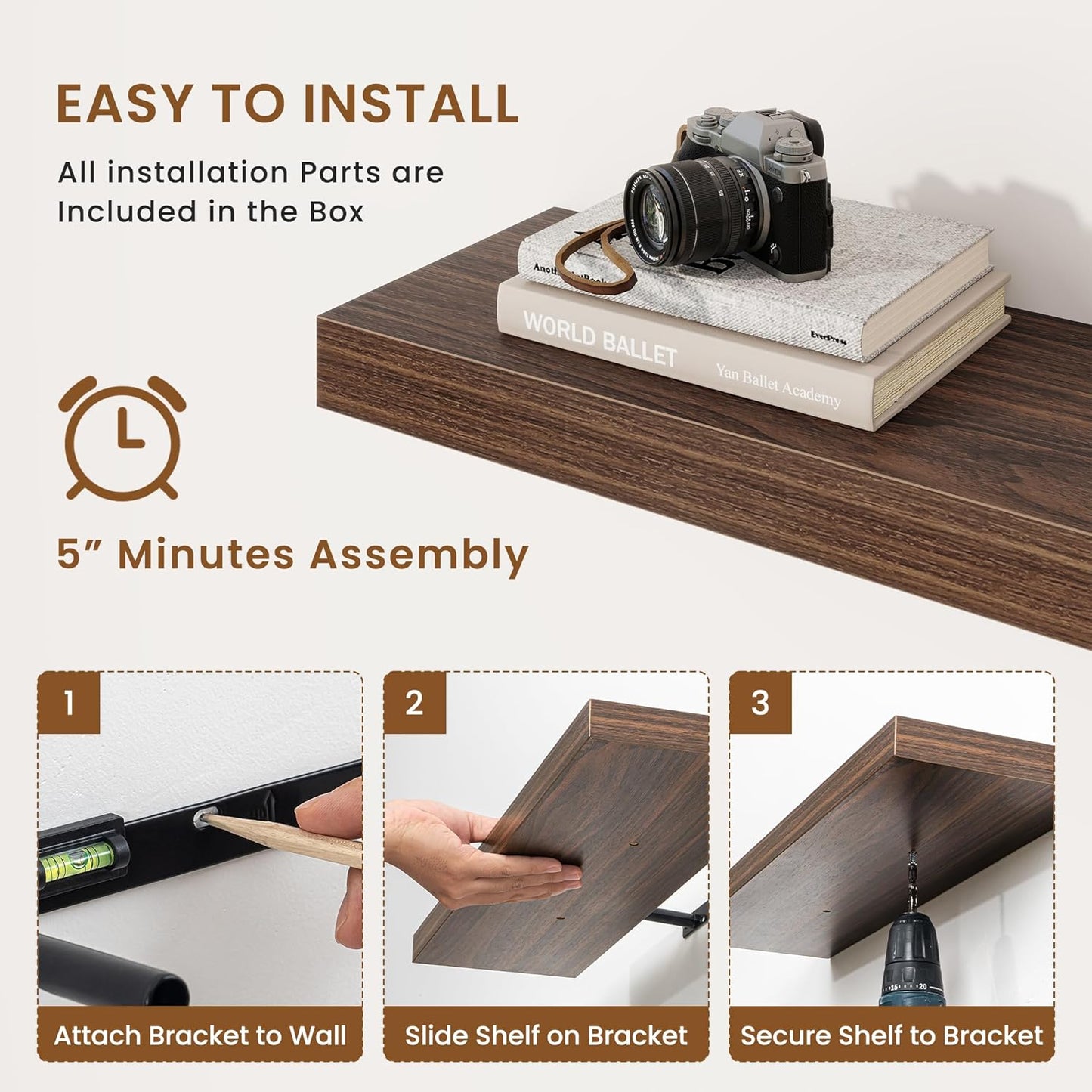 fuqing Floating Shelves for Wall, Bathroom Shelf Wall Mounted for Storage, Shelves with Invisible Bracket for Bedroom, Kitchen, Living Room, Farmhouse Small Book Shelf, 40 Inch Set of 2, Walnut