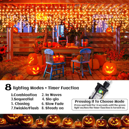 33 FT 400LED Halloween Lights, Orange Icicle Lights for Outside, Clear Wire Twinkle String Light with Timer 8 Modes Waterproof for Window House Patio Yard Wedding Classroom Festival Decor