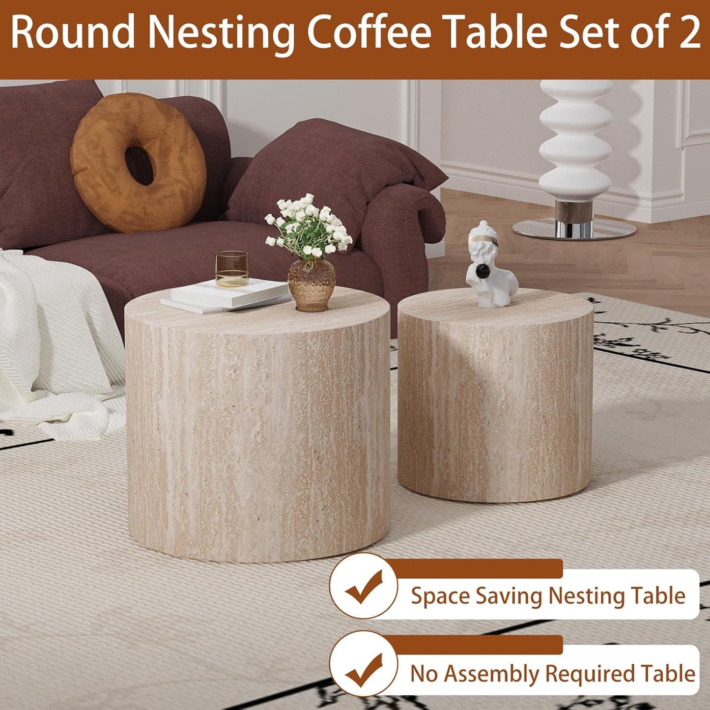 Travertine Round Nesting Coffee Tables 2 Piece Set - Contemporary Design, Round Drum Nesting Side Table Sturdy Build, Multifunctional for Living Room, Office, and Balcony Use (Travertine 18.1in)