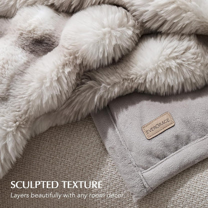 EVERGRACE Ultra Soft Luxury Fluffy Ridgeline Faux Rabbit Fur Throw Blanket, Thick Warm Bubble Throw for Bed, Cozy Plush Reversible Blankets for Couch, Chair, Sofa, Light Grey, 60x80 Inches, 870 GSM