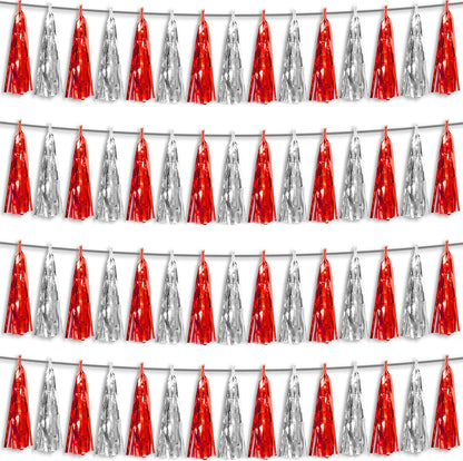 4P Red Silver Foil Fringe Metallic Tassel Streamers Banner Tassel Garland for Parade Floats, Graduation, Wedding, Birthday, Halloween, Christmas, Bridal/Baby Shower Party Decorations