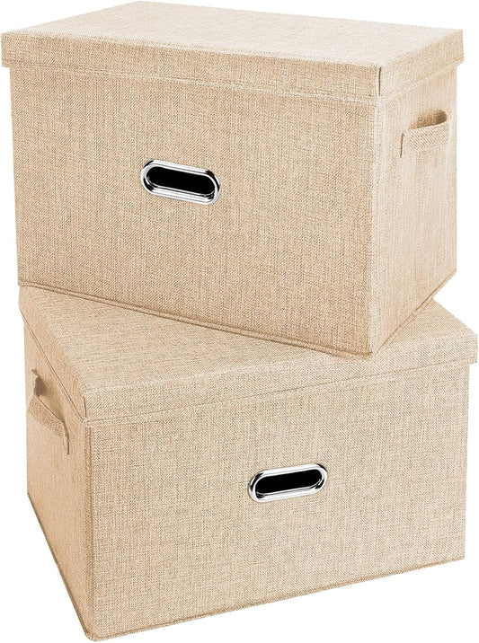 Large Linen Fabric Foldable Storage Bins with Removable Lid and Handles, Washable Storage Box Organizer Containers Baskets Cube with Cover for Bedroom,Closet,Office (Khaki, XXL(2-Pack))