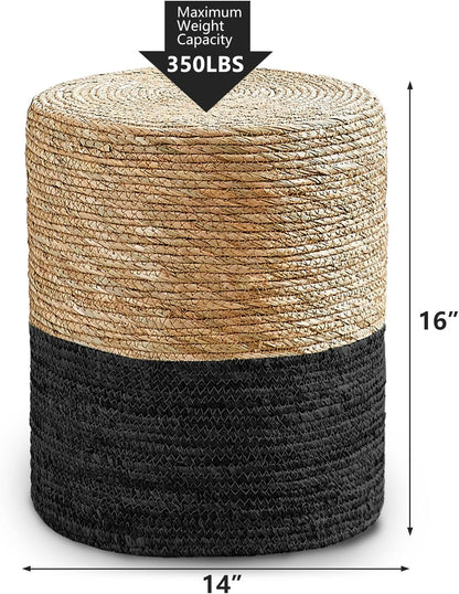 Cplxroc Pouf Ottoman, 100% Handwoven Seagrass Braided Pouffe, Boho Decor Floor Chair for Couch or Desk, Outdoor Ottomans for Garden, Round Footrest with Wood Frame, Home Decorative Seat for Balcony