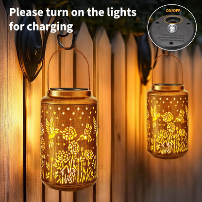 Brizled Hummingbird Solar Lantern Lights, 2 Pack LED Hollow Out Hanging Lantern Lights Outdoor, Warm White Solar Garden Light Decorative Retro Metal Outdoor Lighting for Garden Patio Courtyard Path