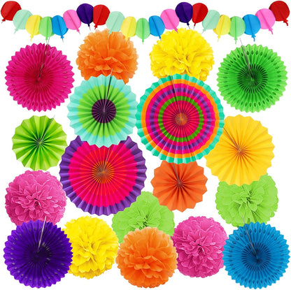 Fiesta Party Decorations, Multicolored Paper Pompoms Fan Garlands for Mexican Party Cinco De Mayo Luau Event Birthday Holi Decorations Colorful Rainbow Party Supplies