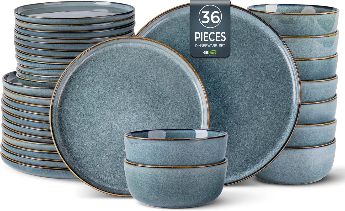 GBHOME Ceramic Dinnerware Sets for 12, 36 Pieces Stoneware Plates and Bowls Sets, Reactive Glaze Dishes -Scratch Resistant, Dishwasher&Microwave Safe, Space Blue