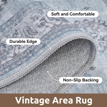 AMOAMI-Vintage Area Rug 4x6 Blue Rugs for Living Room-Soft Living Room Rug Non Slip Rugs for Bedroom Carpet Machine Washable Rug for Dining Room Bedside Office Room Decor