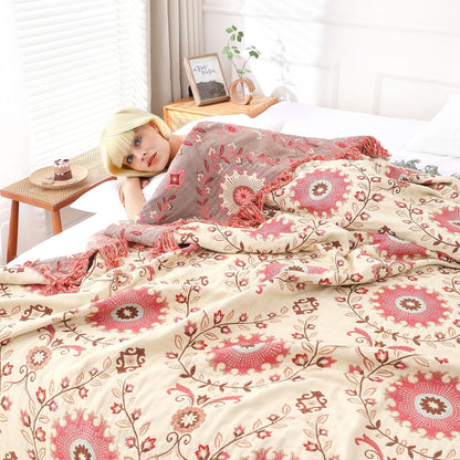 Snycler Boho Throw Blanket for Bed - 100% Cotton Ultra Soft Rustic Quilt - Pink Boho Floral Printed Farmhouse Decor Bed Blankets, 80"×90" All Season Rustic Throw for Sofa Couch Chair