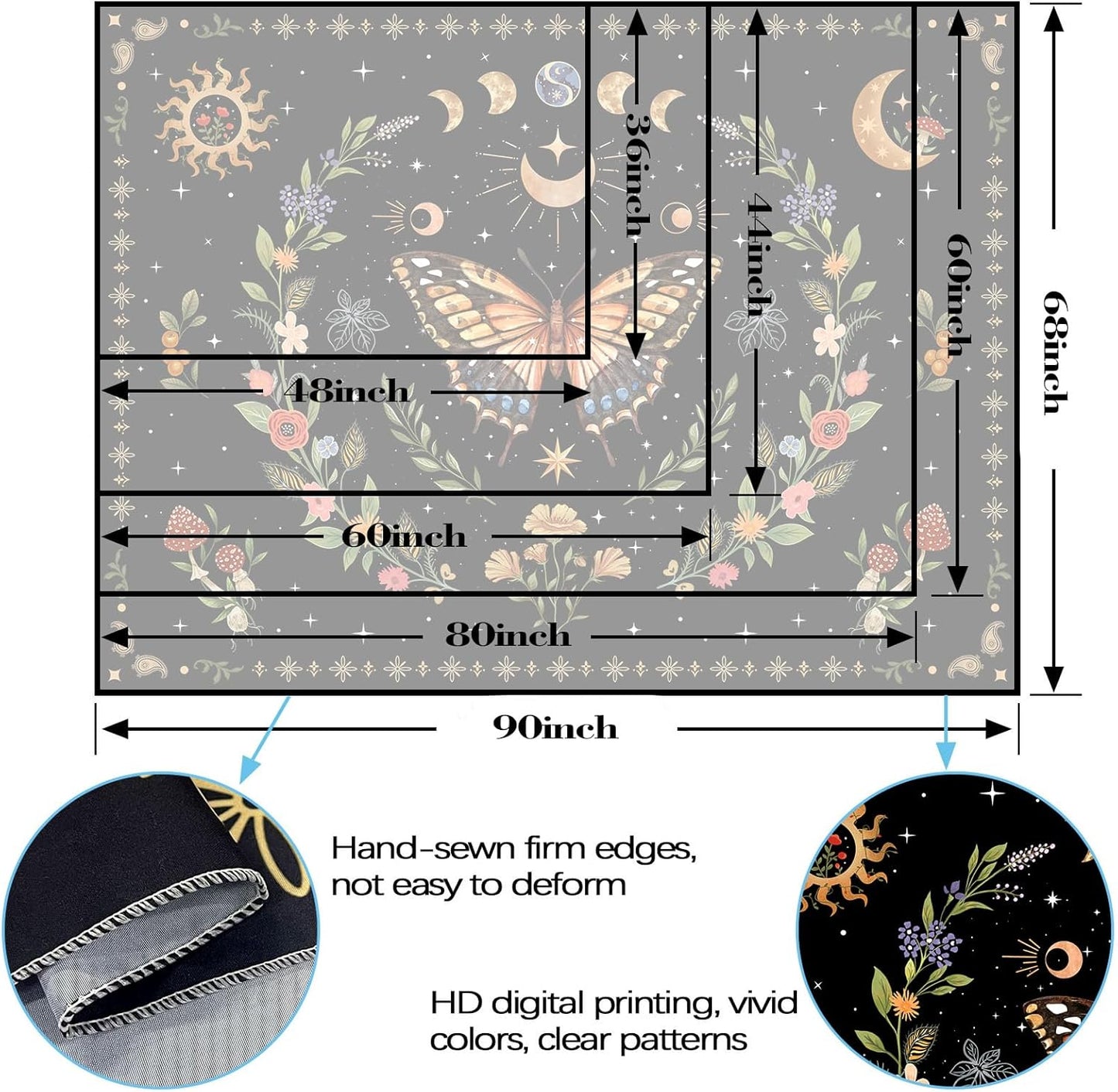 Lunerfex Boho Butterfly Tapestry Flower Moon Wall Tapestry, Moon Phases Tapestries for Bedroom Cute Tapestries Wall Hanging for Bedroom Living Room Decor Butterfly-1 70"x90"