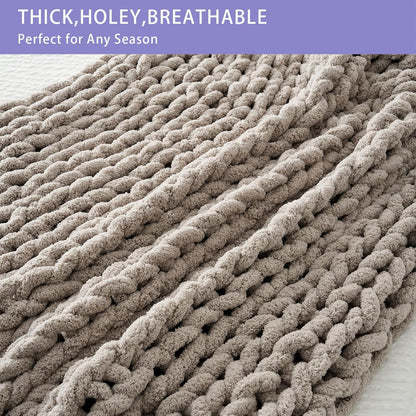 Bigacogo Chunky Knit Throw Blanket for Couch, 51x63 inches, 100% Hand Knitted with Thick Jumbo Chenille Yarn, Cozy Soft Large Rope Knot Cable Crochet Blankets for Sofa Bed Living Room, Taupe