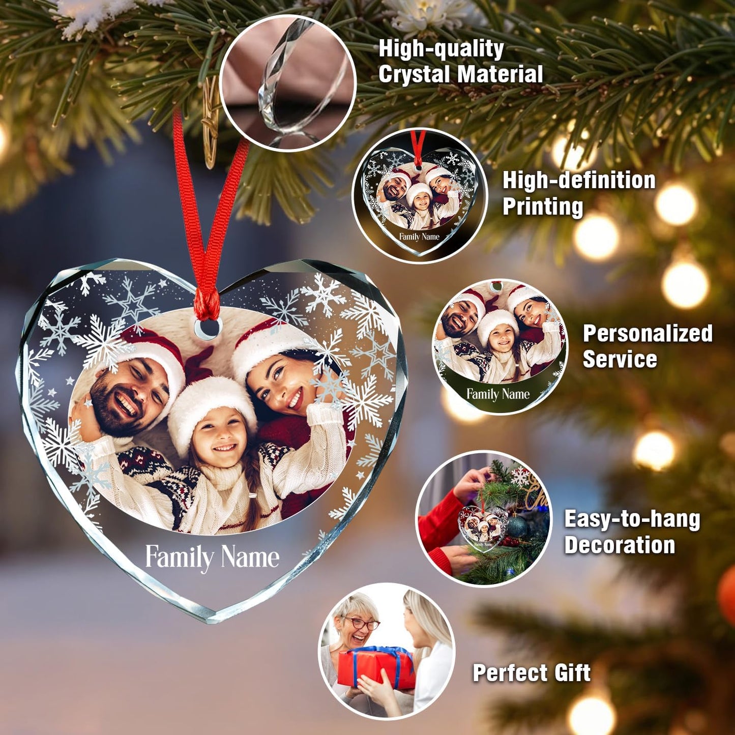 Personalized Photo Ornaments, Custom Family Heart Glass Christmas Tree Ornament 2025, Customized Crystal Glass Christmas Tree Decor Gifts for Family, Couples, Pets, Baby’s First Xmas