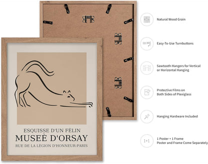 Poster Master Vintage Poster - Retro Minimalist Print - Gift for Artist, Housewarming - Cat, Line Drawing, Sketch, Abstract - Wall Decor for Living Room, Bedroom, 11x14 Beige Framed