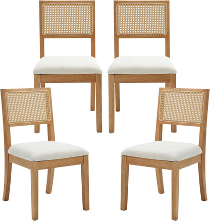 Westice Rattan Dining Chairs Set of 4, Farmhouse Natural Dining Room Chairs with Upholstered Cushion, Wood Armless Chairs for Kitchen/Restaurant