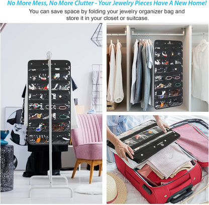 Freegrace Hanging Jewelry Organizer Revolving Hanger - Secure Zipper Closure - 50 Pockets - Foldable Storage & Display Solution - for All Jewelry & Bijoux (Black)