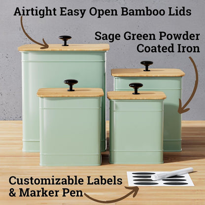 Kitchen Canisters for Countertop Set of 4 with Customizable Chalkboard Labels & Marker Pen - Big Iron Kitchen Canisters with Airtight Lids - Sage Green Canister Set - Flour and Sugar Containers