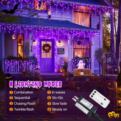 JMEXSUSS Purple Halloween Icicle Lights, 38.8 FT 400 LED Icicle Light Outdoor Waterproof, 8 Modes Purple Halloween Lights with 80 Drops Plug in for House Christmas Party Decorations