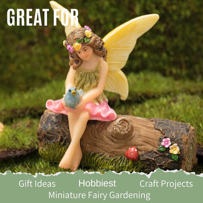 PRETMANNS Fairy Garden Fairies – Cute Accessories for Indoor or Outdoor Miniature Garden - Figurine Vicky on a Decorated Log – 2 Items