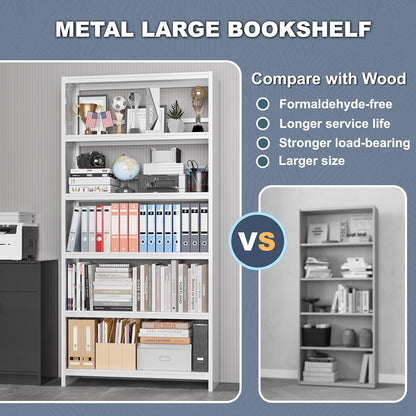 69" Tall Bookcase, 5-Tier Wide Bookshelf, Library Book Case with Display Shelf, Lightweight Metal Bookshelves, Industrial Book Shelf for Home, Office, Library, and School (White)