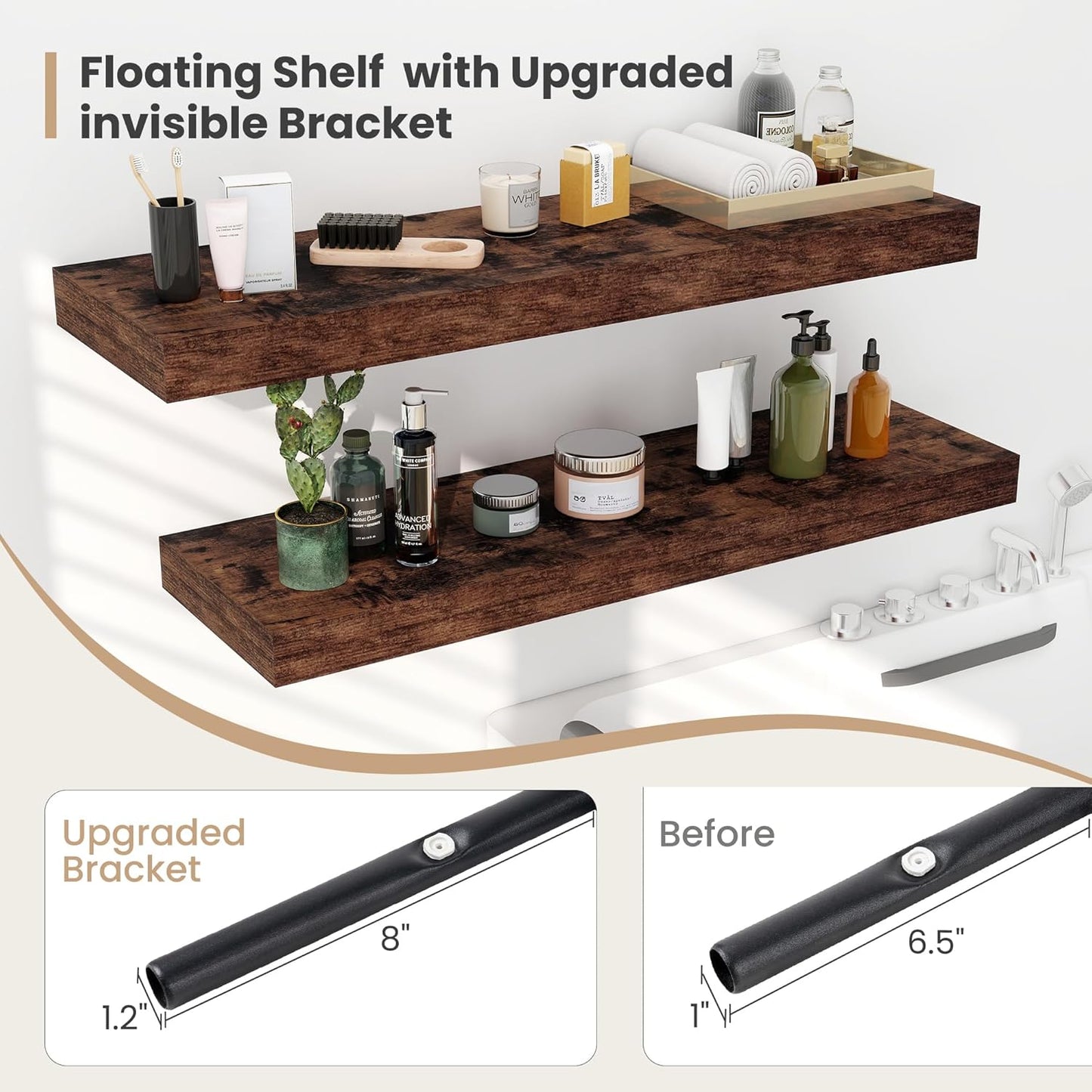 Heimlove 12 Inch Deep Floating Shelves, 16 x 12 inches Long Wall Shelf, Large Extra Display Shelf & Storage Shelf, Rustic Wood Wall Shelves for Fireplace Mantel, Brown - 2Pack