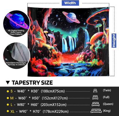 ADDWel Blacklight Mushroom Planet Tapestry, Black Fantastic Tapestry Glow In The Dark, UV Reactive Black Light Posters Wall Hanging for Bedroom Dorm Living Room Backdrop Decor