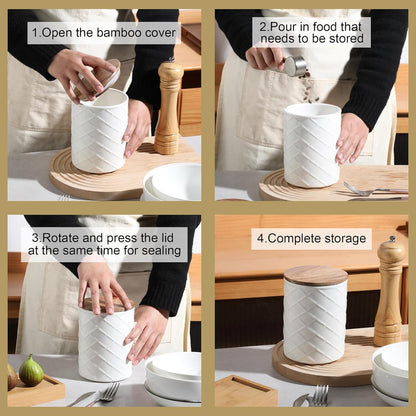 Sweejar Ceramic Canisters Sets for Kitchen Countertop, Relief Food Storage Jar with Bamboo Lid, Stackable Container for Flour, Coffee, Pasta, Cereal, Tea, Sugar, Spices, Pack of 4 (Walnut White)