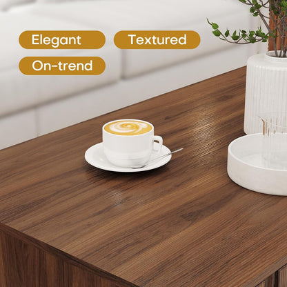 Mid Century Modern Coffee Table with Grooved Drawers & Open Storage, 47" MDF Walnut Wood Center Table with Black Solid Wood Legs, Retro Living Room Furniture