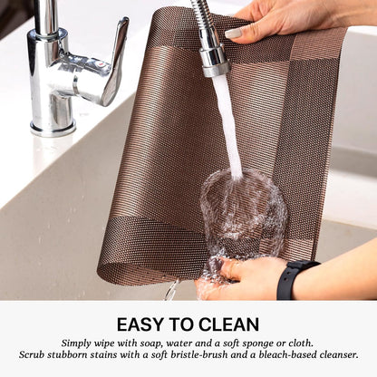 LEXMORE Placemats Set of 12 Vinyl/Plastic Woven Place Mats for Kitchen Table Indoor/Outdoor Washable Placemat Wipeable Dining Table Mats(G-Brown Cube)