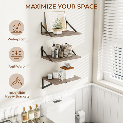 Heimlove Deep Floating Shelves for Wall, 12 Inch Deep Floating Shelves Set of 3, 16W x 12D Wood Wall Shelves, Wide Wood Shelves with Metal Bracket for Living Room, Kitchen, Office, Bedroom - Grey