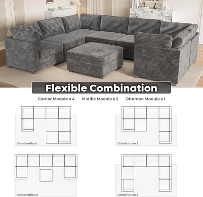 ovios Sectional Sofa Couch with U-Shape Chaise Sofa Bed, Comfy Modular Cloud Couches with Deep Seat, Modern Upholstered Plush Corduroy Sofas Set for Living Room, 8-Seater, Grey