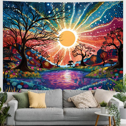 Serborlur Tree of Life Tapestry Trippy Sun Forest Tapestries Colorful Starry Sky Tapestries Hippie Nature Landscape Tapestry Wall Hanging for Bedroom (39.4" x 52.4")