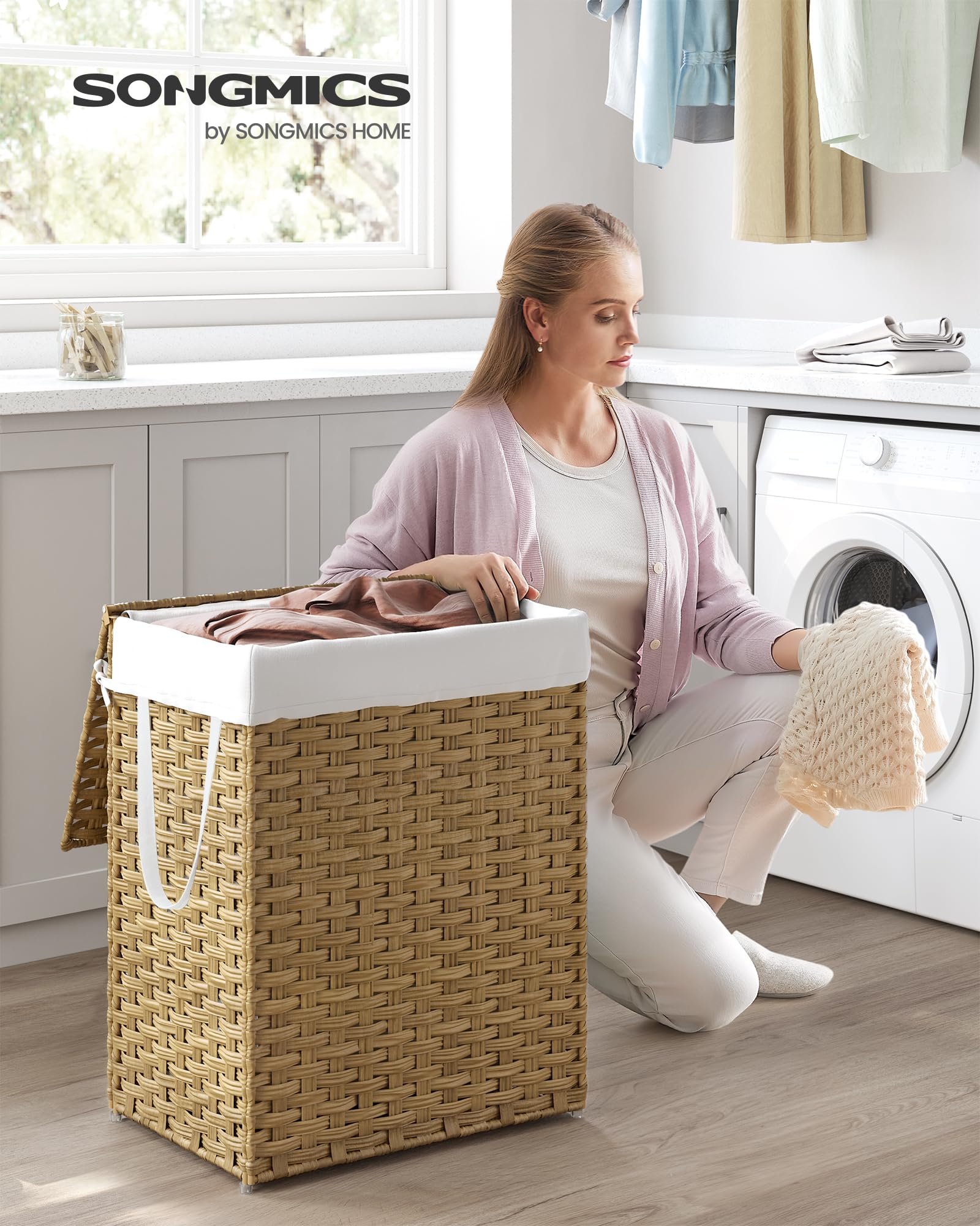 SONGMICS Laundry Hamper with Lid, 23.8 Gallon (90 L) Synthetic Rattan Clothes Laundry Basket with