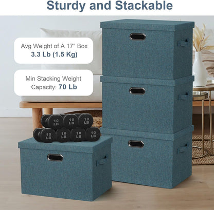 Large 17" 36 Quart Collapsible Stackable Storage Bins with Lids, 3 Packs Blue-Green Linen Fabric Closet Boxes with Lids, Storage Cube Baskets Container Organizers for Bedroom (17x12x11)
