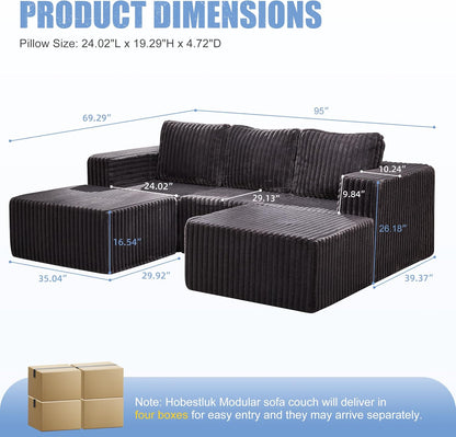 Hobestluk Modular Sectional Sofa Memory Foam Couch Oversized Sectional Sofa 3-Seater with Chaises Cloud Couch with Removable Cover U Shaped Sofa for Living Room (Strip Grey, U Shape)