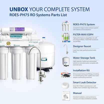 APEC Water Systems ROES-PH75 Essence Series Top Tier Alkaline Mineral pH+ 75 GPD 6-Stage Certified Ultra Safe Reverse Osmosis Drinking Water Filter System with WiFi Smart Water Leak Detector and App