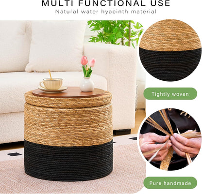 Wimarsbon 18'' Ottoman Pouf, Natural Braided Poof, Rustic Handweave Lounge Pouffe, Boho Footrest Stool for Bedroom, Accent Table for Living Room (Storage - 18inch Cattail+Black Corn Husk L)
