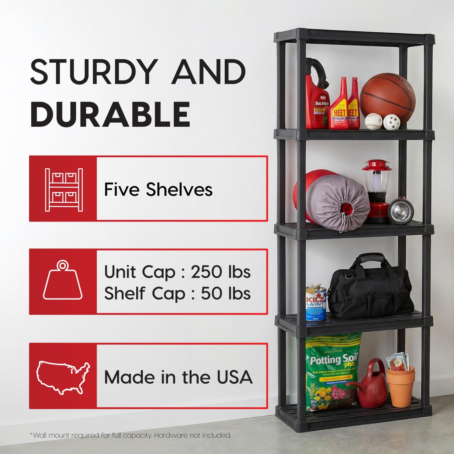 IRIS USA Plastic Storage Shelves |Made in USA| 64"H x 24"W x 12"D - Black