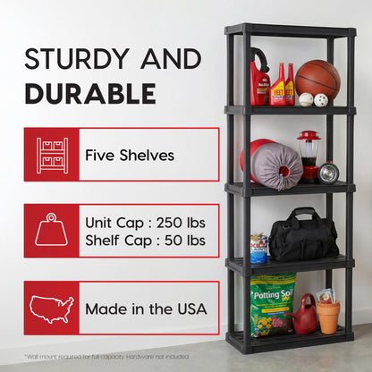 IRIS USA Plastic Storage Shelves |Made in USA| 64"H x 24"W x 12"D - Black