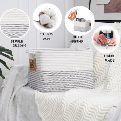COMFY-HOMI Cotton Rope Woven Basket with Handles for Shelves,Toys,Book, Cloth Storage Baskets Bin for Organizing-13.5"x11"x9.5" Toy Decorative Organizer for Living Room, Bathroom-White/Black Line