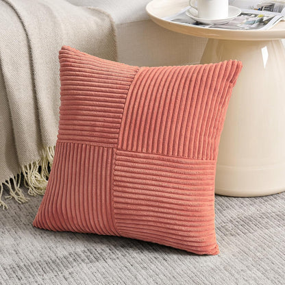 Fancy Homi 2 Packs Coral Decorative Throw Pillow Covers 22x22 Inch for Living Room Couch Bed, Rustic Farmhouse Boho Home Decor, Soft Corss Corduroy Patchwork Accent Square Cushion Case 55x55 cm