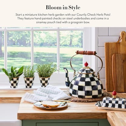 MACKENZIE-CHILDS Enamel Herb Pots, Small Plant Pots for Herbs or Flowers, Set of 3, Black-and-White Courtly Check