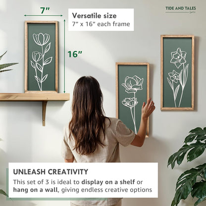 3D Floral Green Wall Art (Set of 3) Lightweight, Wooden Ready-to-Hang Boho Framed Wall Art for Bathroom, Master Bedroom, Living Room or Office - Premium Sage Green Farmhouse Decor - Gift-Boxed