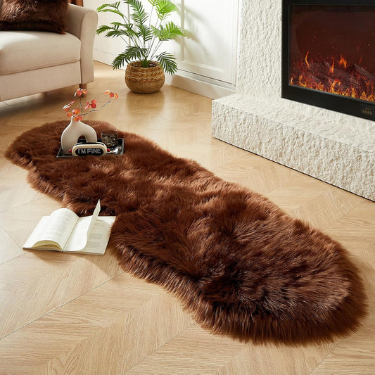 AMTOVO Faux Sheepskin Rug, Coffee Ultra Soft Fluffy Shag Area Rug, 2 x 6 ft Faux Fur Rug for Bedroom Sofa Throw Cushion Room Decor, Sheepskin