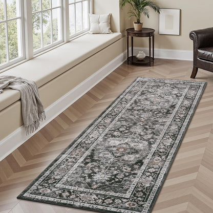 AMOAMI-2X6 Runner Rug-Washable Runners for Hallways-Soft Non Slip Bedside Rugs for Bedroom-Vintage Long Rug for Hallways Entryway Laundry Room Stair Kitchen Bathroom Dark Grey & Black