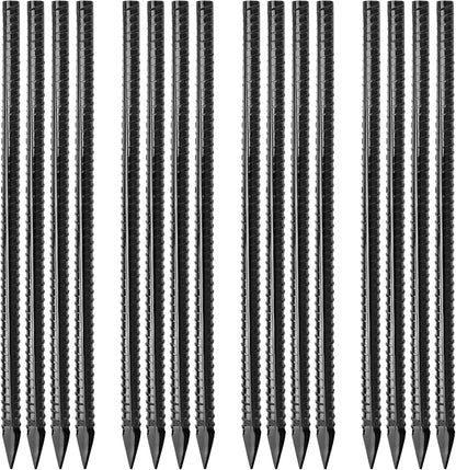 16 inches Ground Rebar Stakes (16 pcs) Heavy Duty Metal Spikes for Concrete Timber Garden Plant, Long Straight Steel Stakes for Tent, 3/8" Thickness Ground Anchors with Chisel Point End, Black