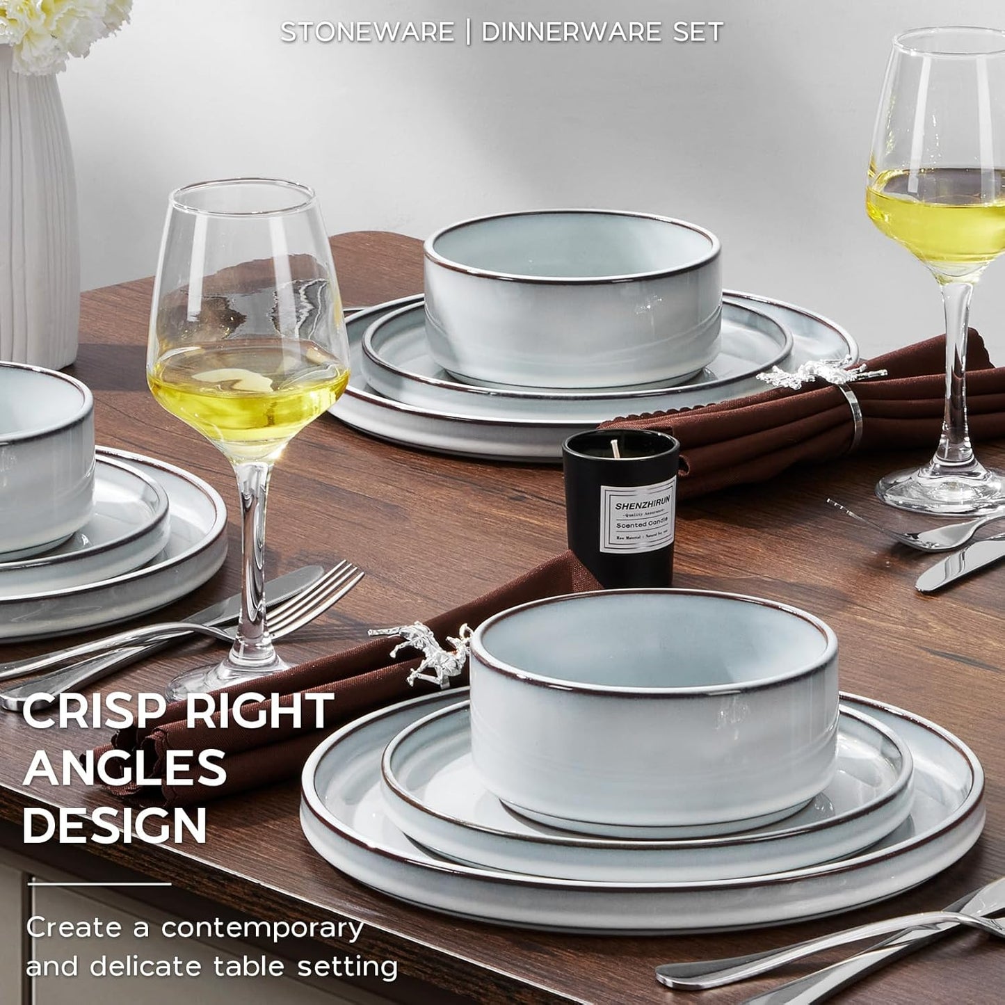 Onader Ceramic Dinnerware Sets for 6, Stoneware Plates and Bowls with Rustic Terracotta Bottom, Elegant Kitchen Dinner Dish Set, 18-Piece Dishware Tableware - Glacier White