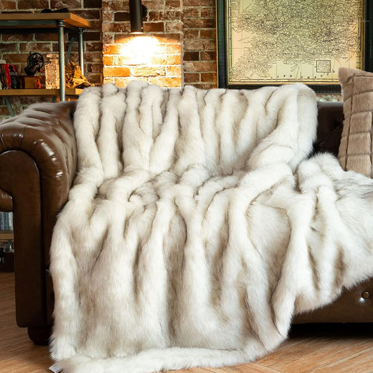 BATTILO HOME Luxury Ivory White Faux Fur Throw Blanket for Bed, Extra Large Super Soft Fluffy Cozy Fall Thick Warm Fox Fur Throw Blankets for Couch, Bed Reversible to Plush Velvet (60"x80")